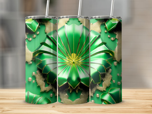 Three green tumblers with gold ornate floral patterns.