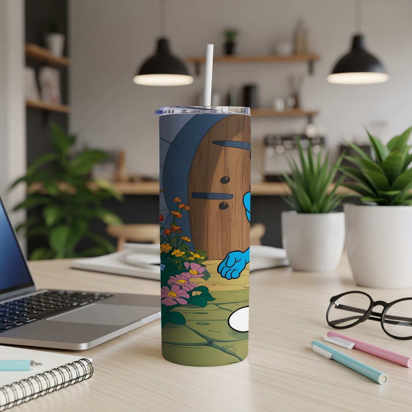 Blue Smurf character peeking out from a wooden door with flowers, on a tumbler.