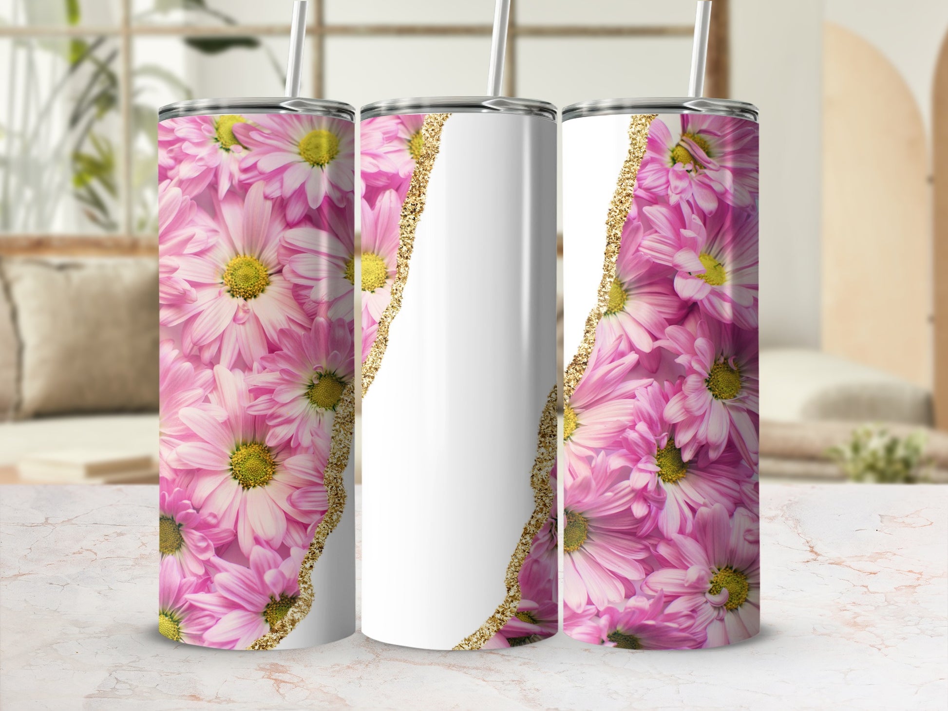 Tall white tumbler with a pink floral design and gold glitter accent.