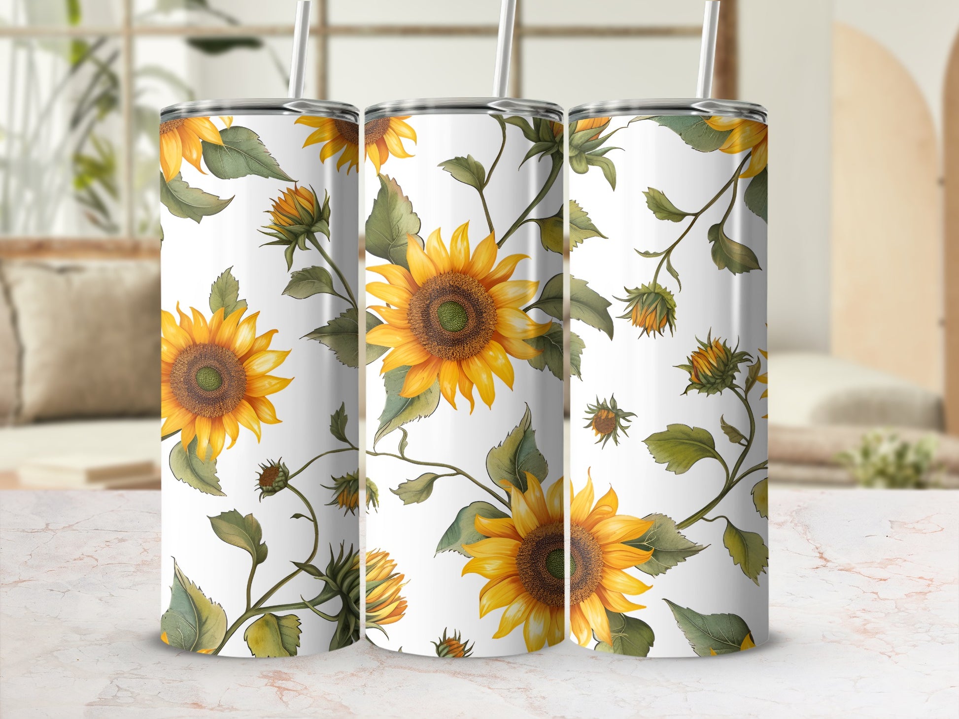 Three tumblers with sunflower and green vine pattern.