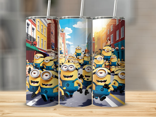 Three Minions characters running down a city street.