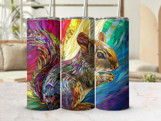 Squirrel illustrated in stained glass style on three tumblers.
