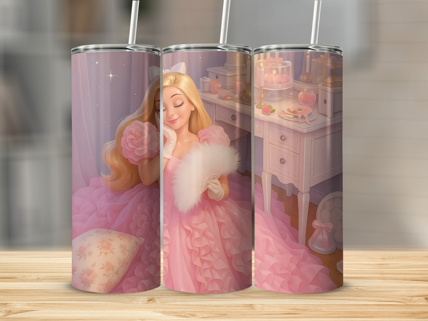 Dreamy Princess Illustration in Pink Gown Tumblers