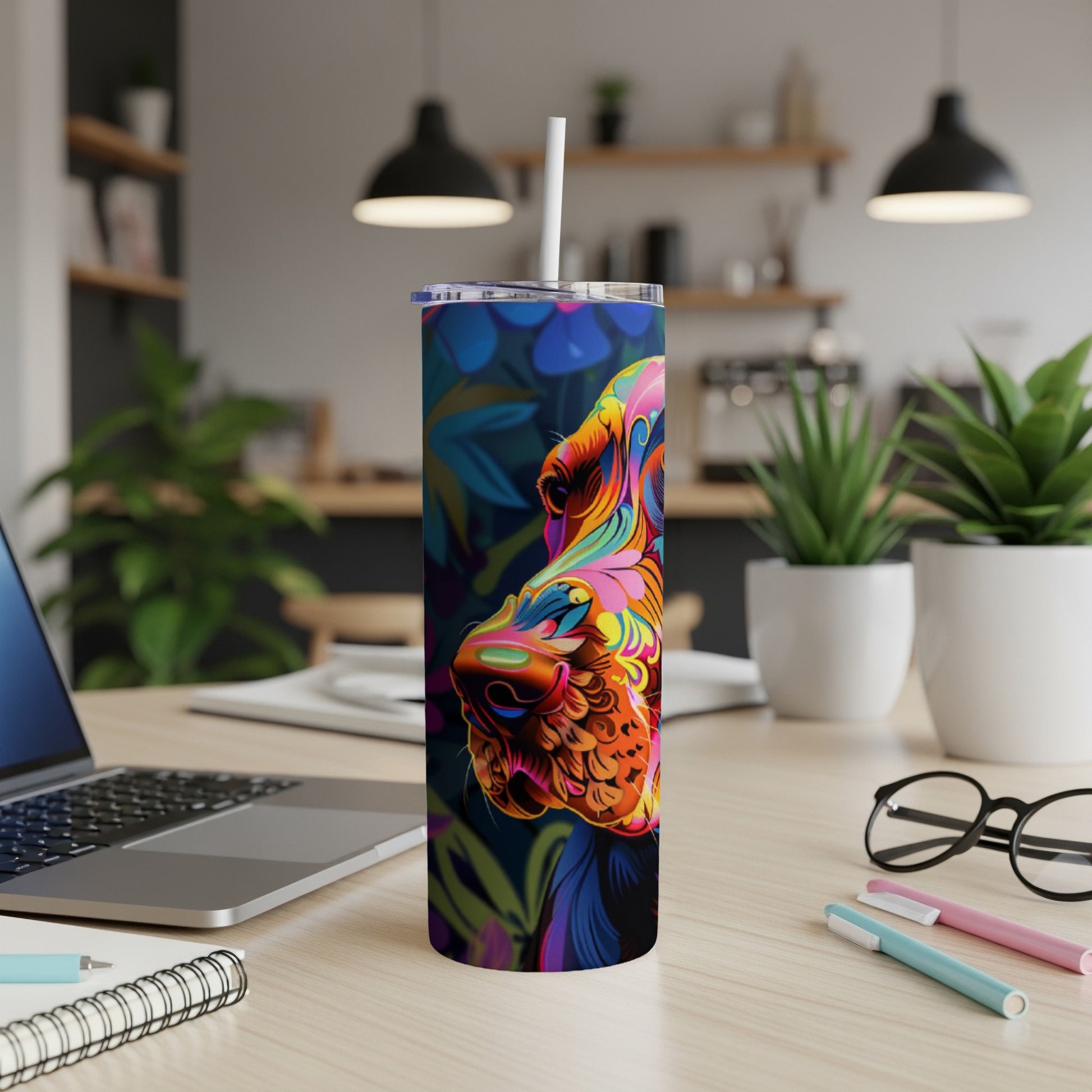 Colorful abstract tiger head on a patterned tumbler with a straw.