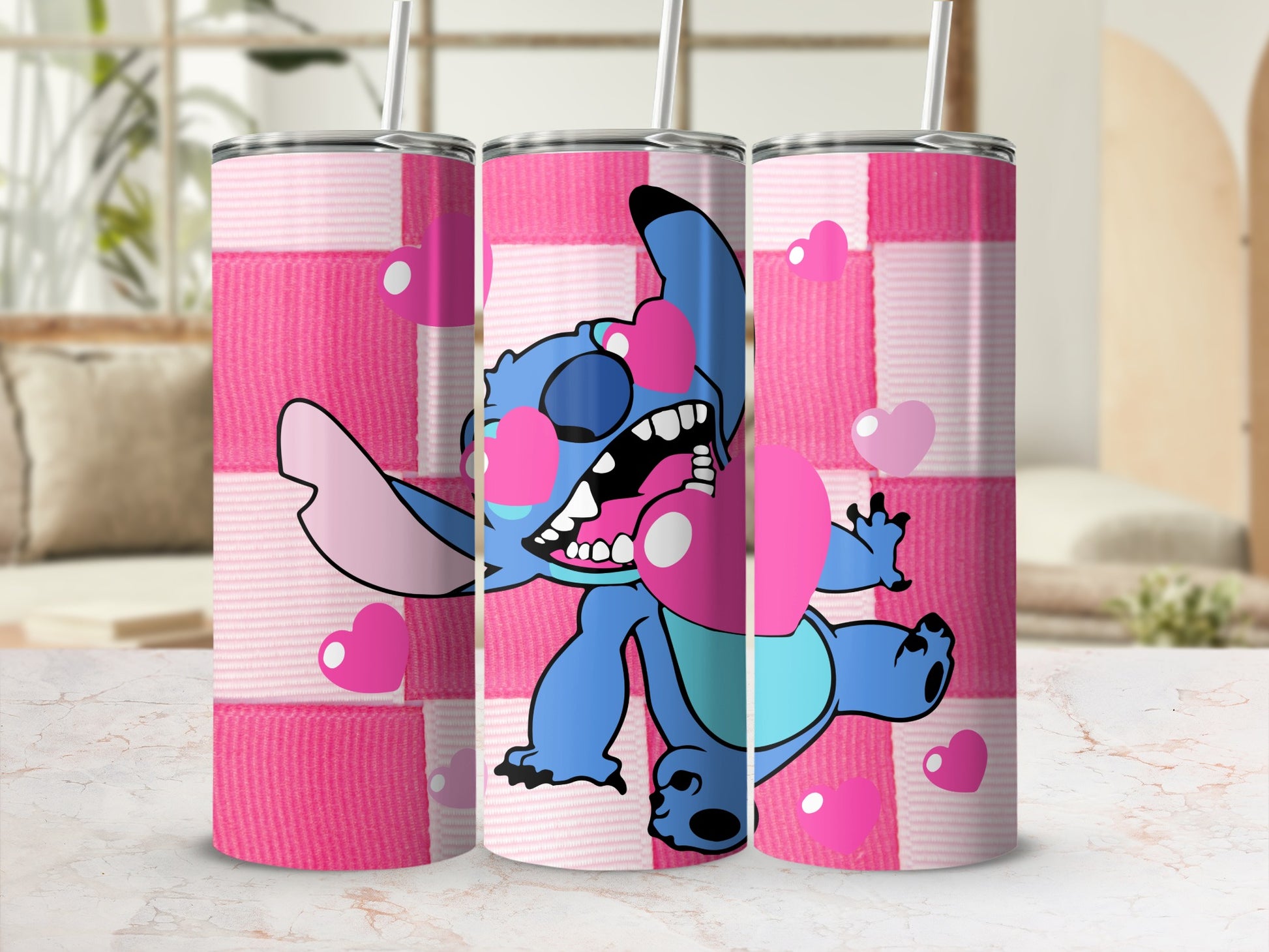 Cute Blue Character Pink Hearts Tumbler Product