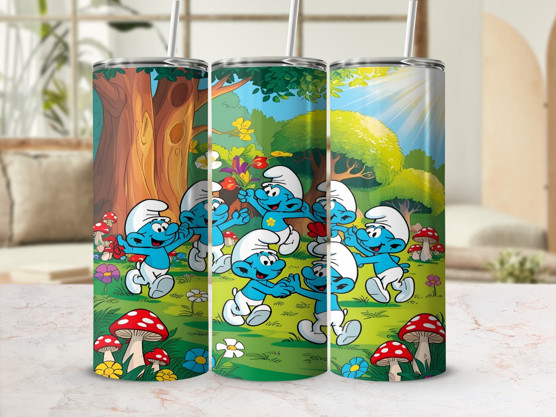 Smurfs dancing in a forest clearing with mushrooms and flowers.