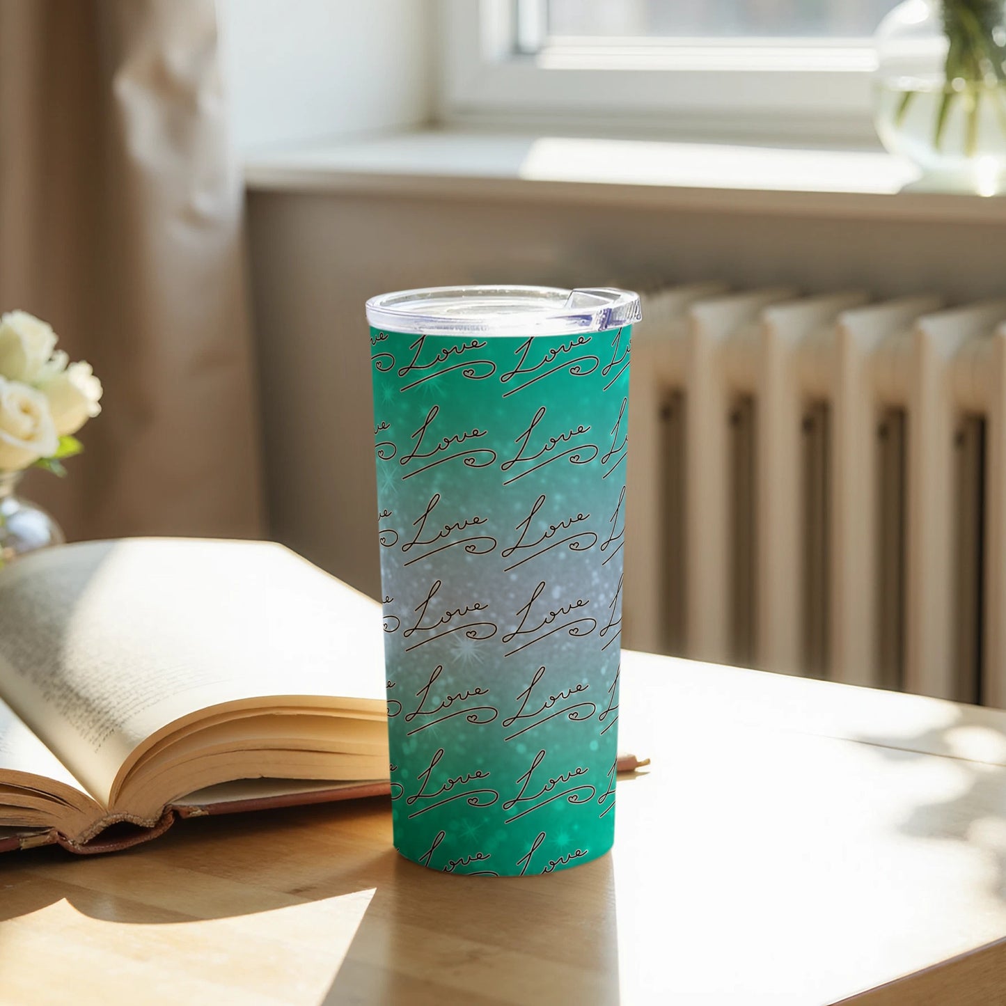 Elegant teal love tumbler with script design