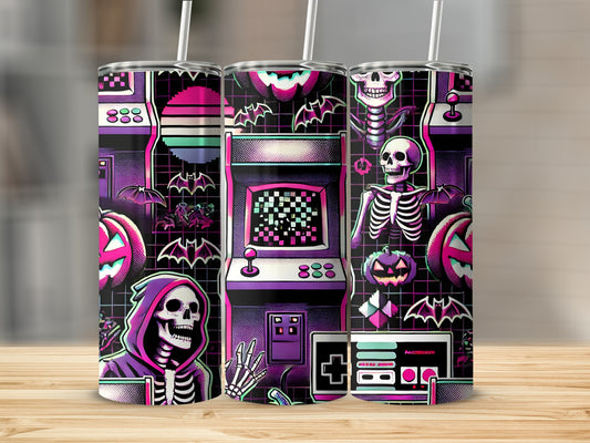 Retro arcade game theme with skeletons, bats, and pumpkins on a tumbler.