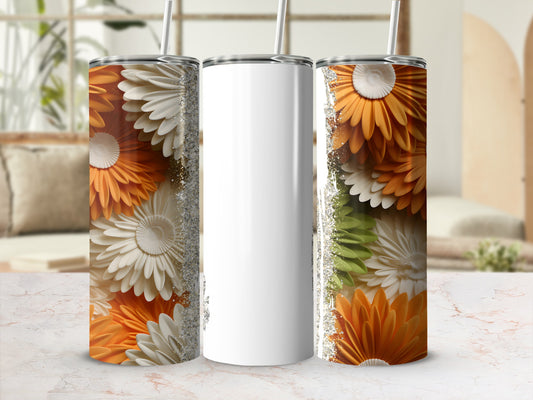 Three tumblers with orange and white floral patterns.