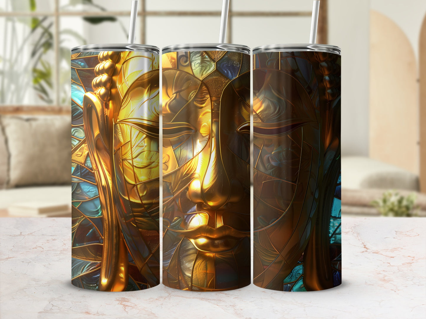 Three tumblers featuring a golden Buddha face with stained glass accents.