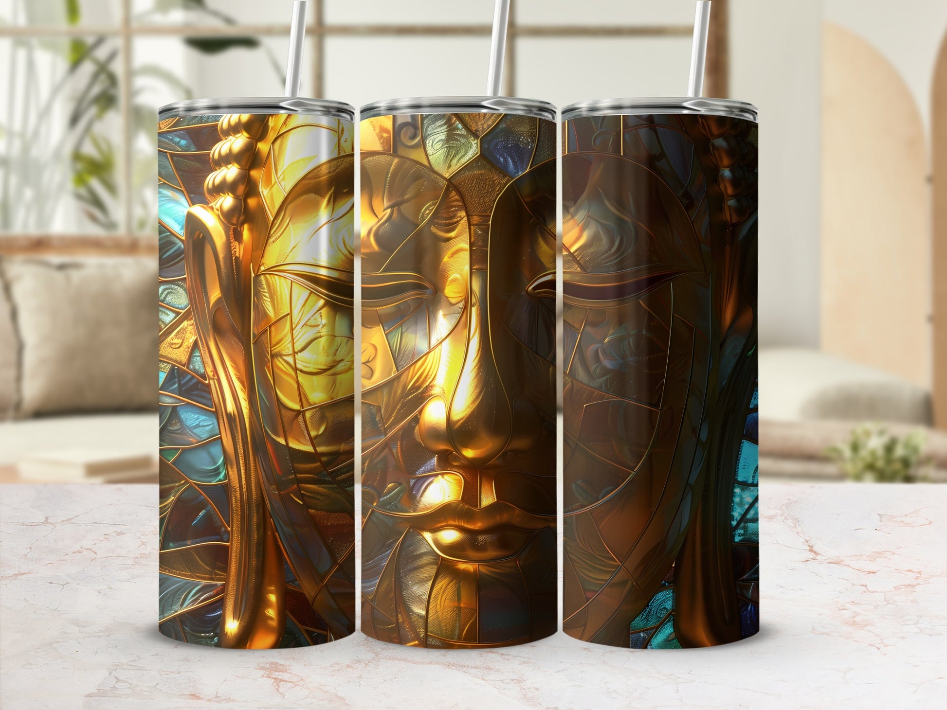 Three tumblers featuring a golden Buddha face with stained glass accents.