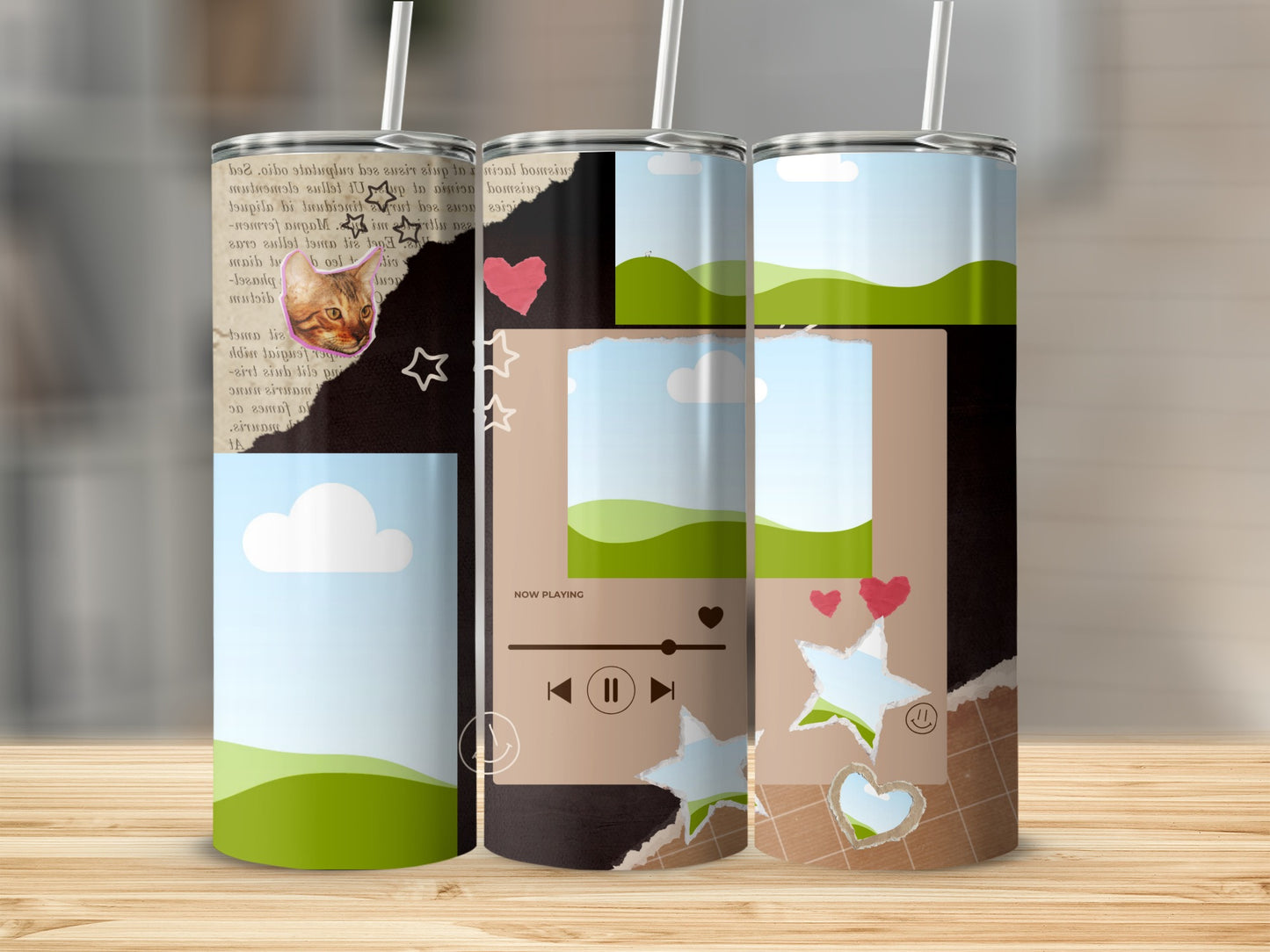 Tumblers with torn paper, cat, hearts, stars, and music player design.