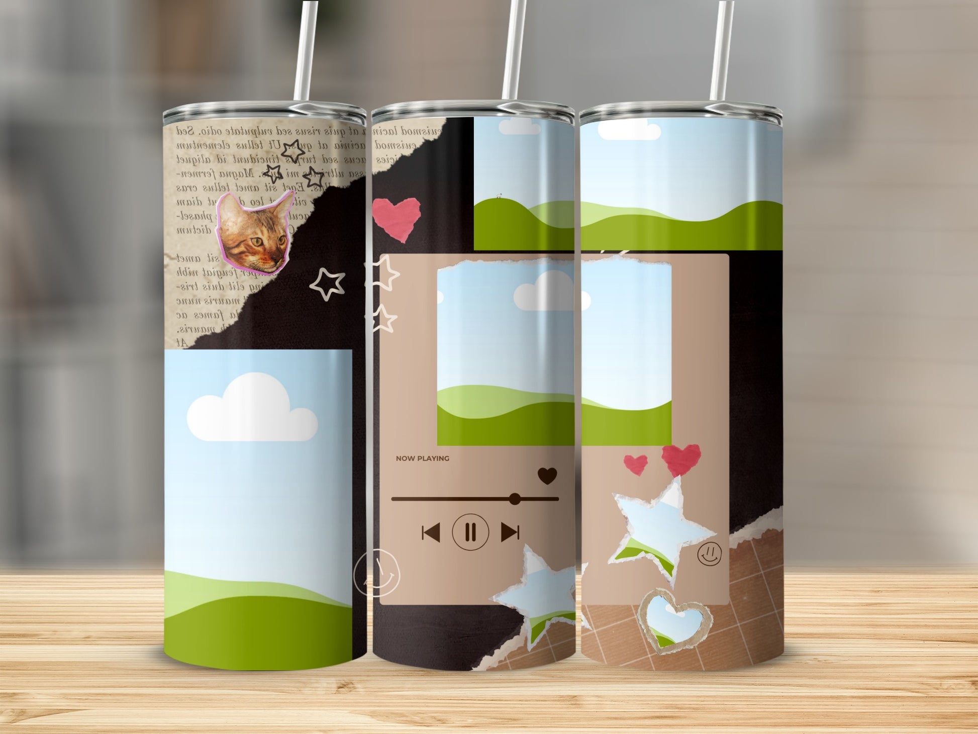 Tumblers with torn paper, cat, hearts, stars, and music player design.