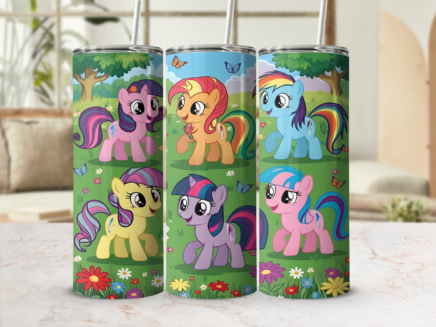My Little Pony characters with colorful manes and tails in a grassy field.