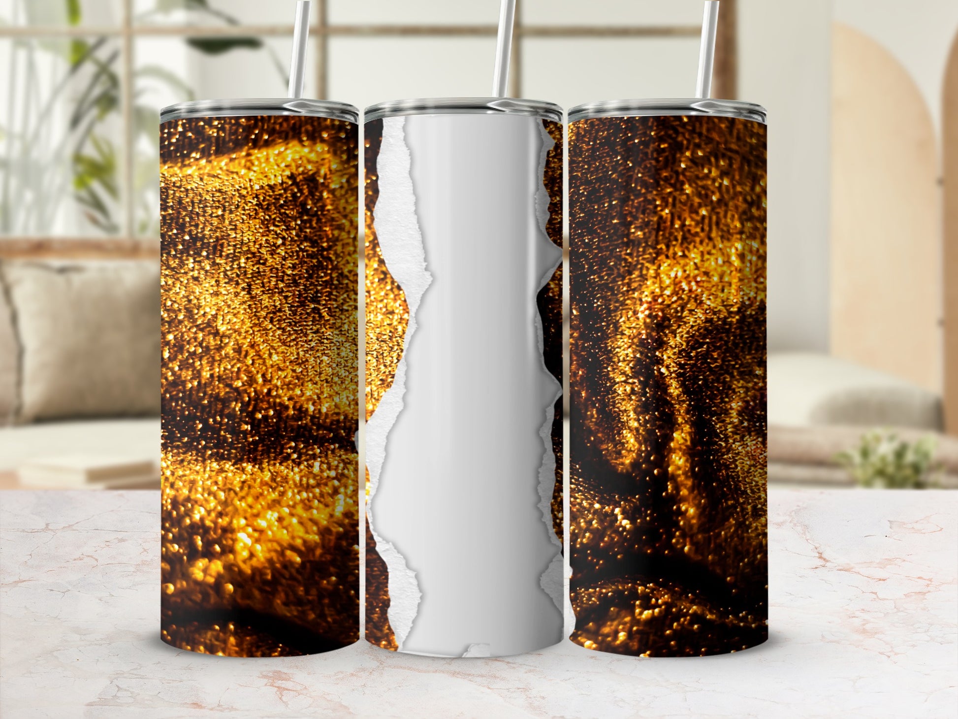 Glitter tumbler with ripped paper overlay and straw, white center.