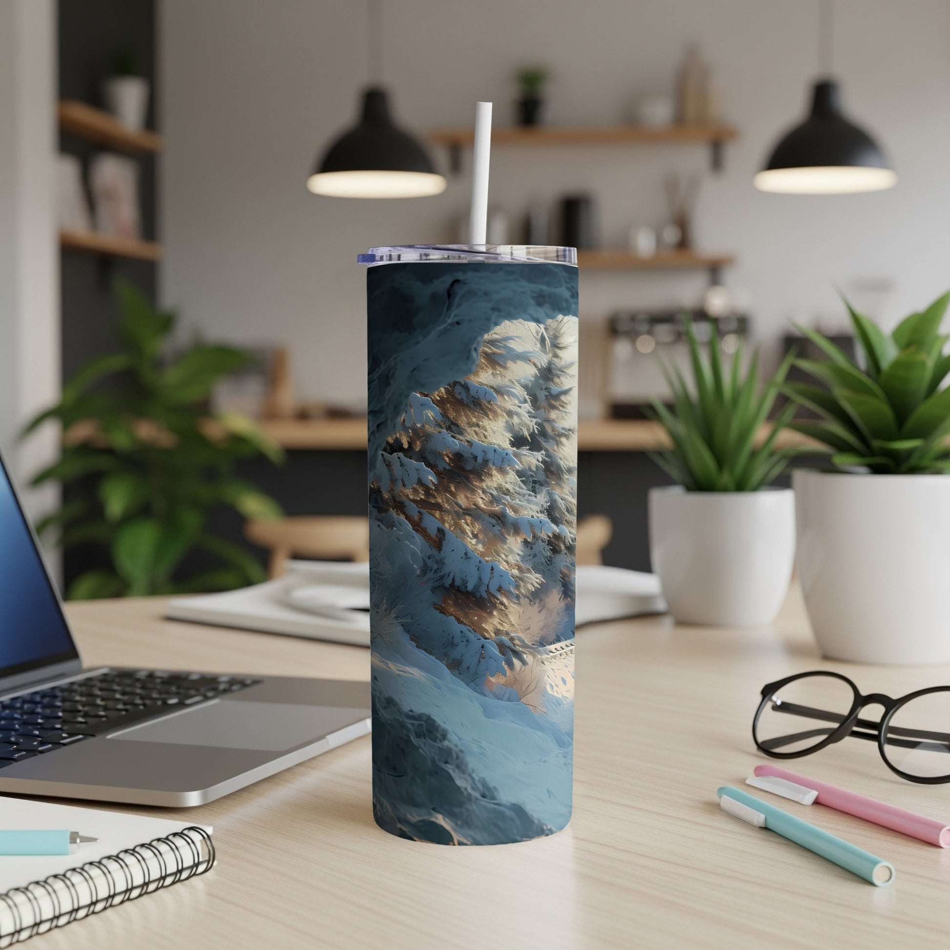 Winter mountain landscape on a white insulated tumbler with a straw.