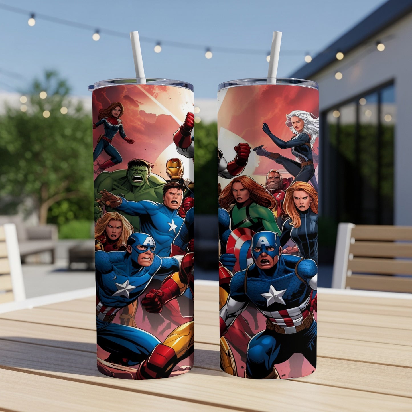 Avengers characters Captain America, Iron Man, Hulk, and Black Widow on a tumbler.