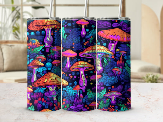 Tumbler with colorful, psychedelic mushroom and floral pattern.