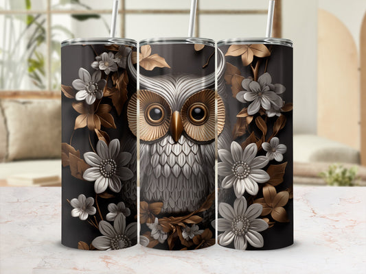 Dark tumbler with owl and floral design.