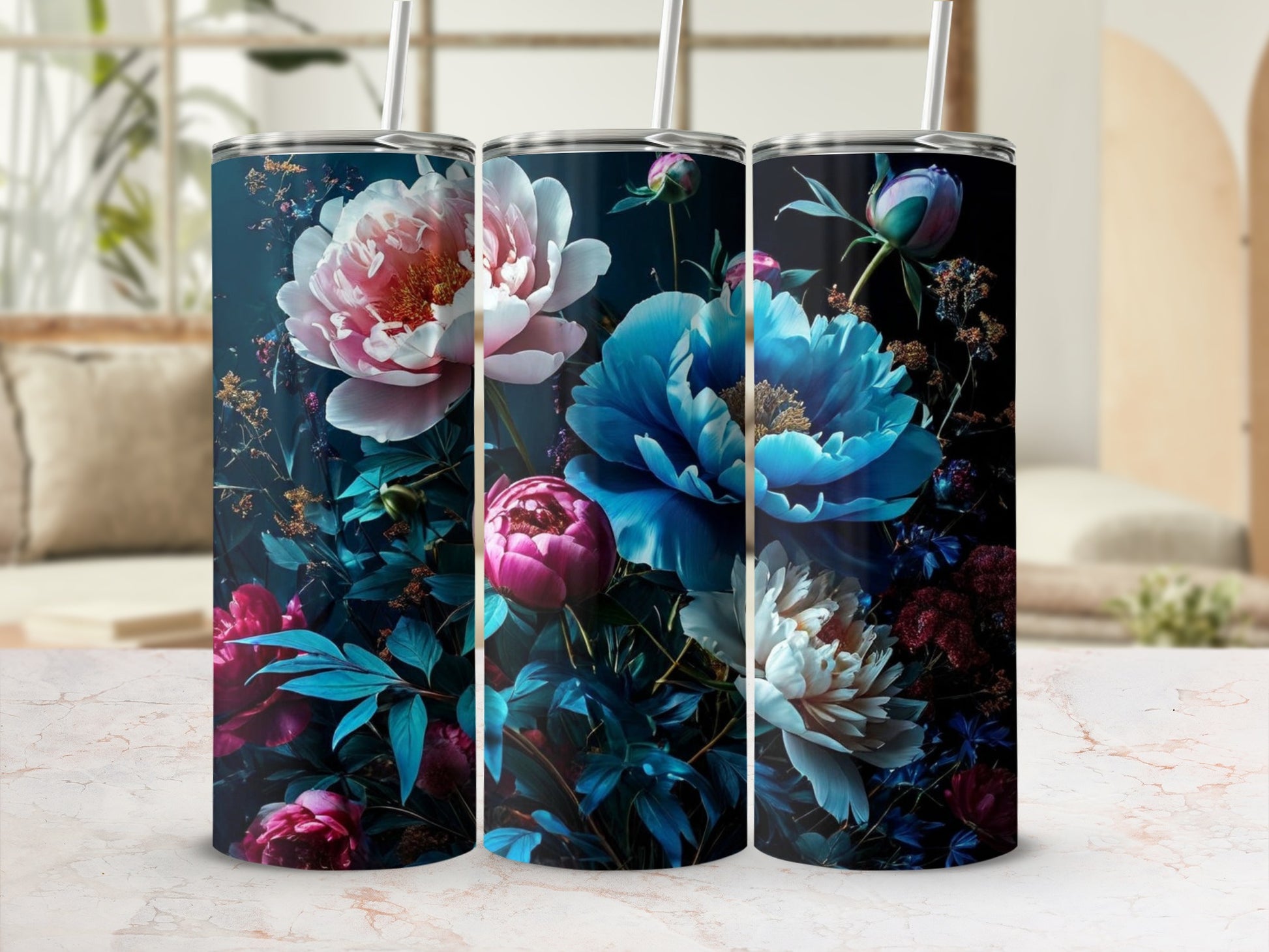 Three tumblers with a dark floral pattern featuring large peonies.