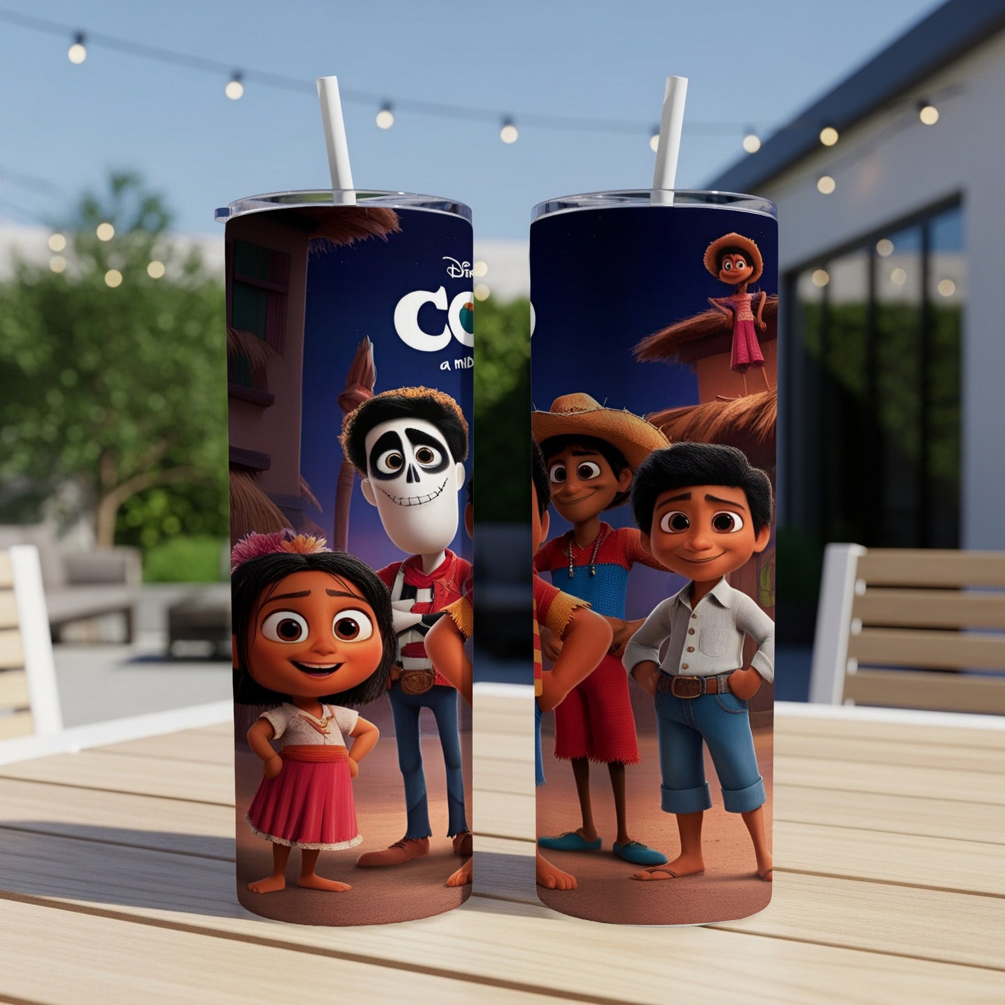 Coco movie characters Miguel, Hector, and Mamá Coco on a tumbler.