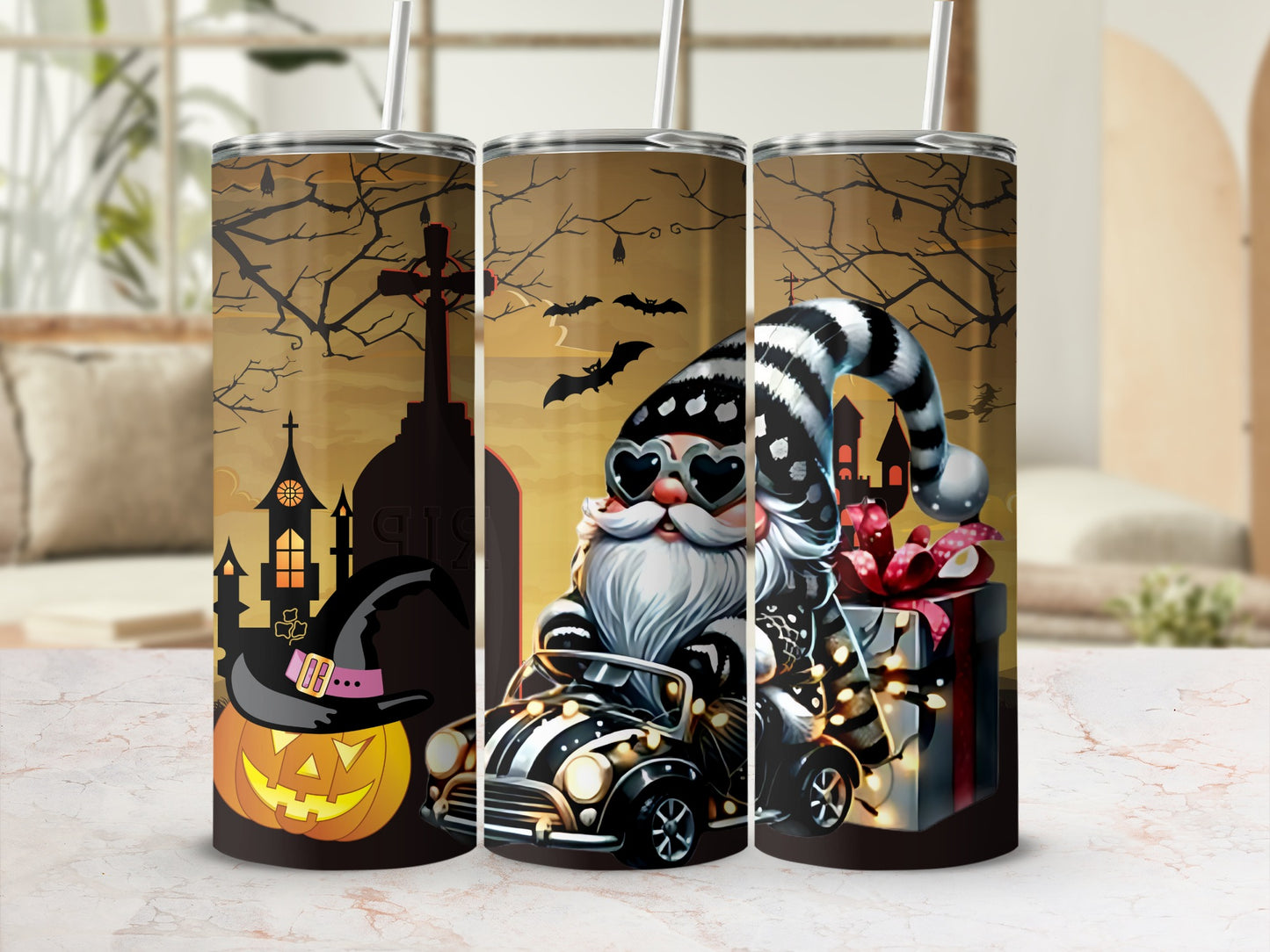 Halloween Santa Driving With Gifts Tumbler Cup