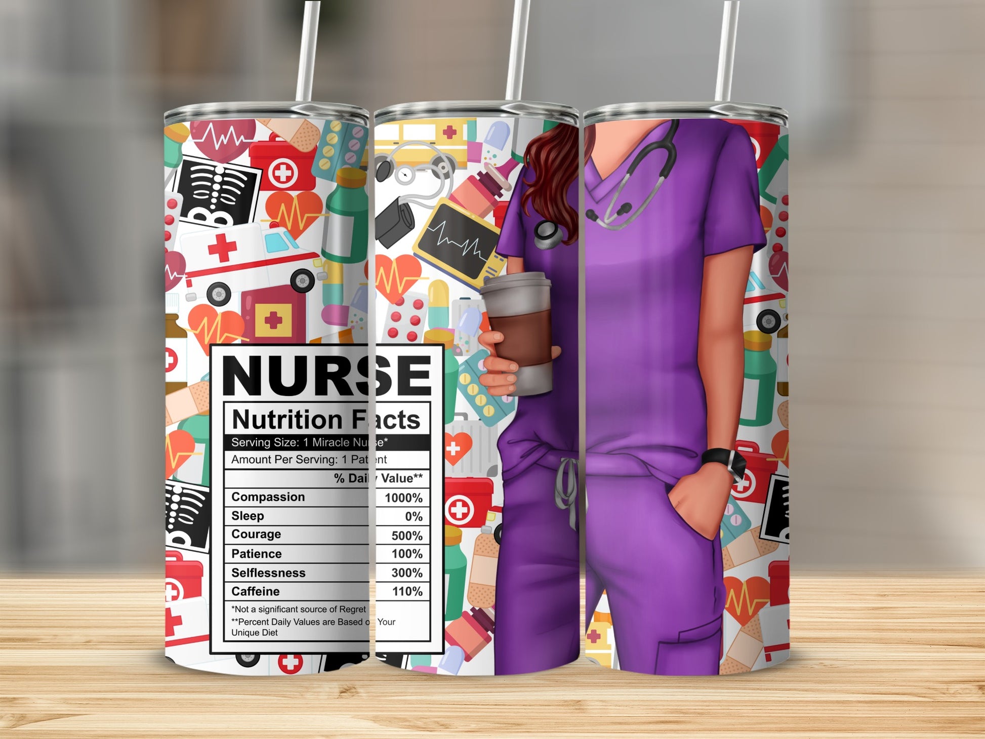 Nurse tumbler with medical icons and a "Nutrition Facts" label listing nurse qualities.