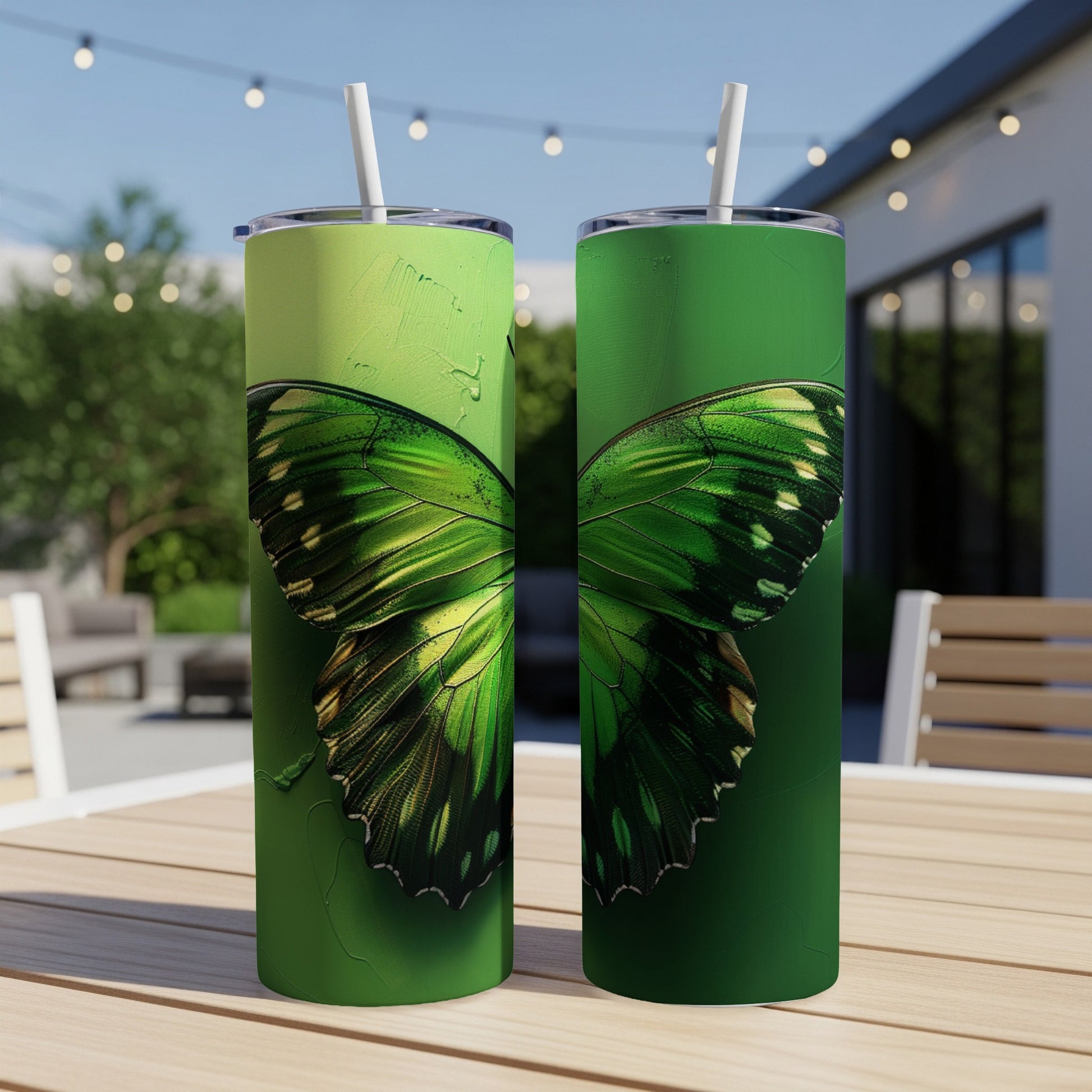 Two green tumblers featuring a detailed butterfly wing design.