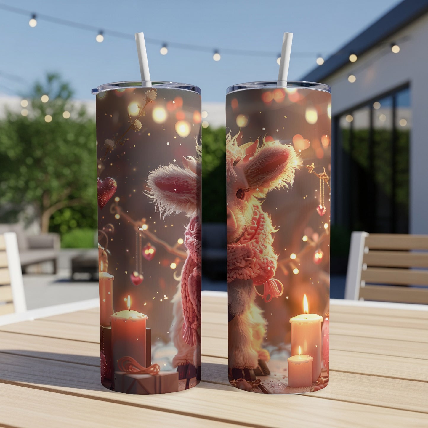 Fluffy cow with pink scarf and festive decorations on a tumbler.