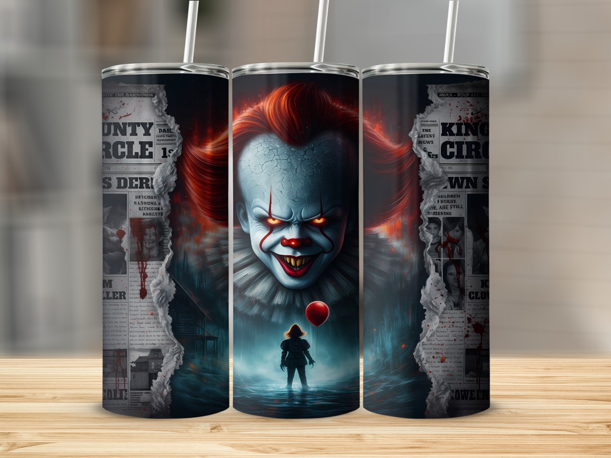 Three tumblers featuring Pennywise the clown and ripped newspaper graphics.