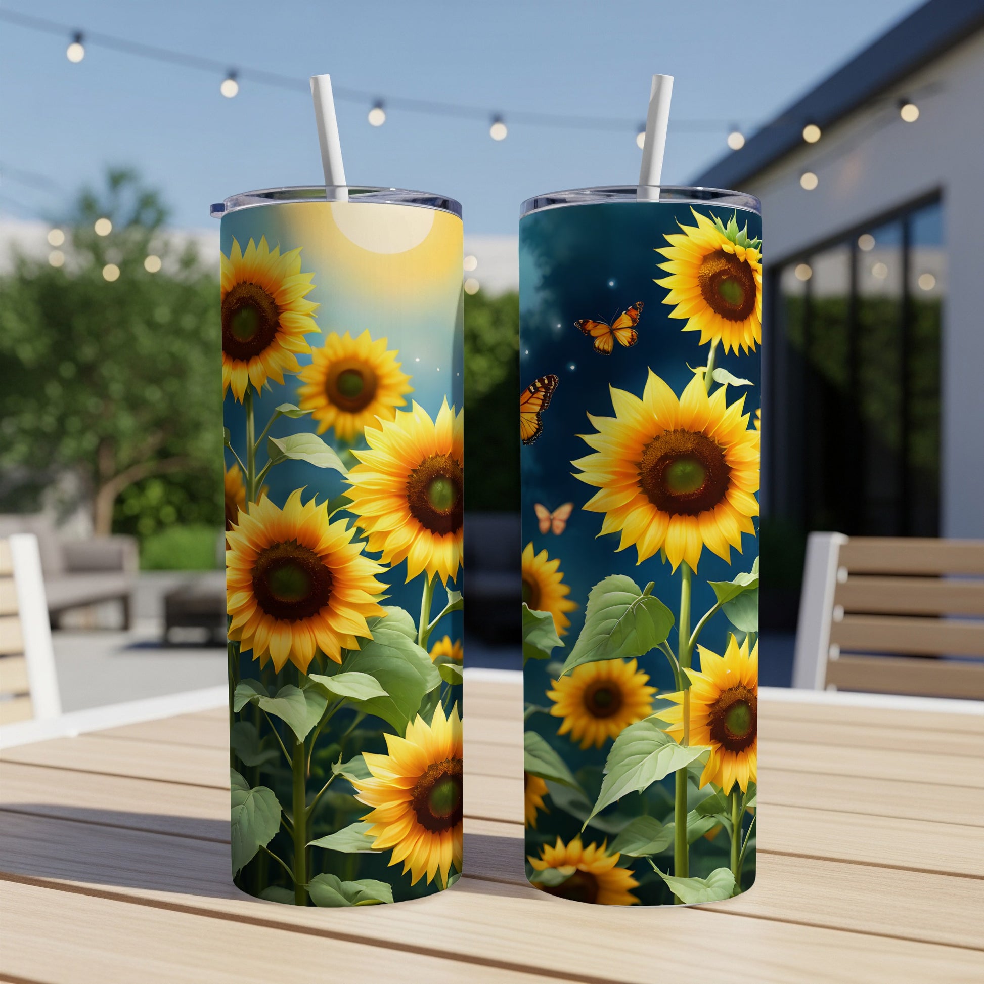 Two tumblers with sunflower and butterfly designs on a table outdoors.