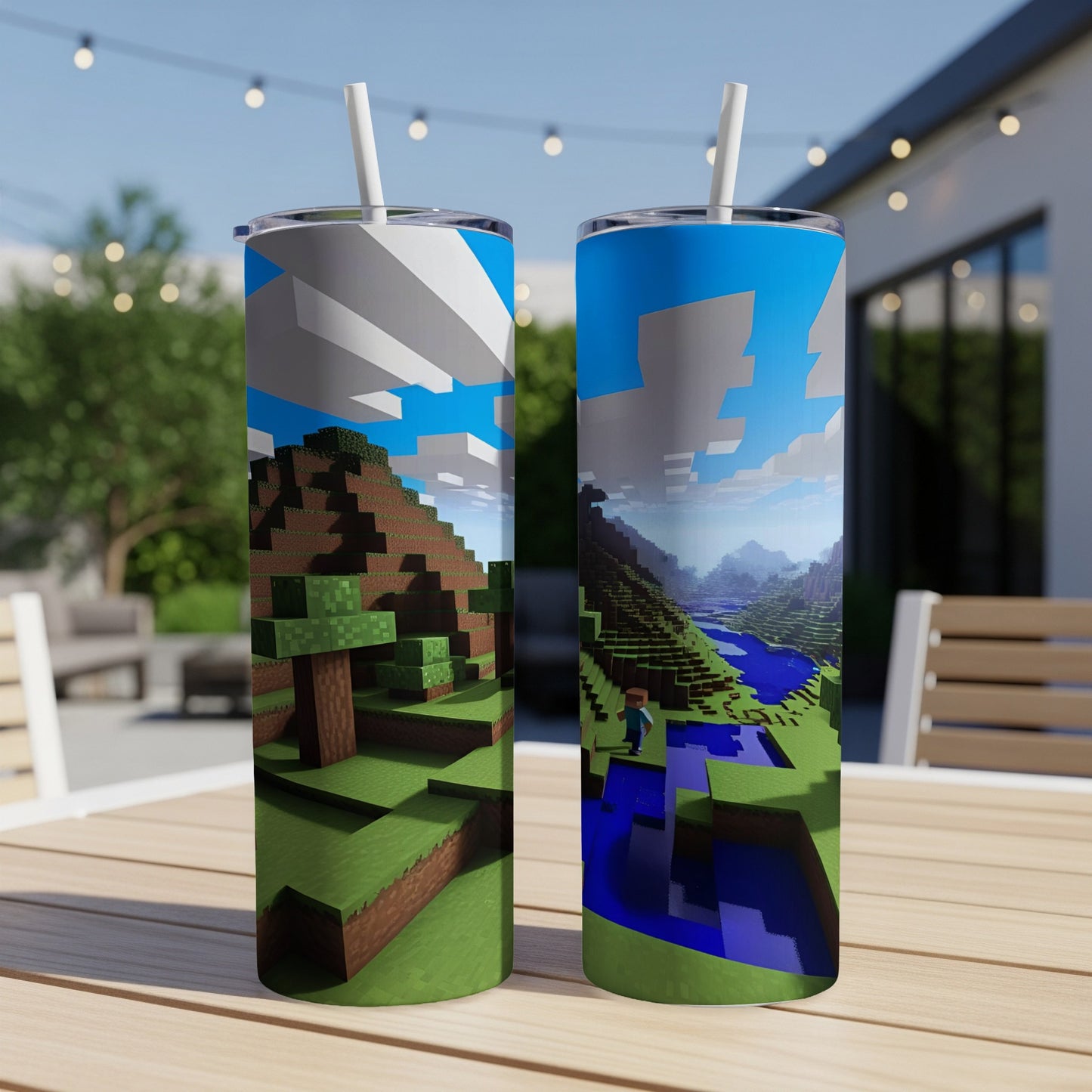 Minecraft landscape with Steve on a blue riverbank and grassy hills.