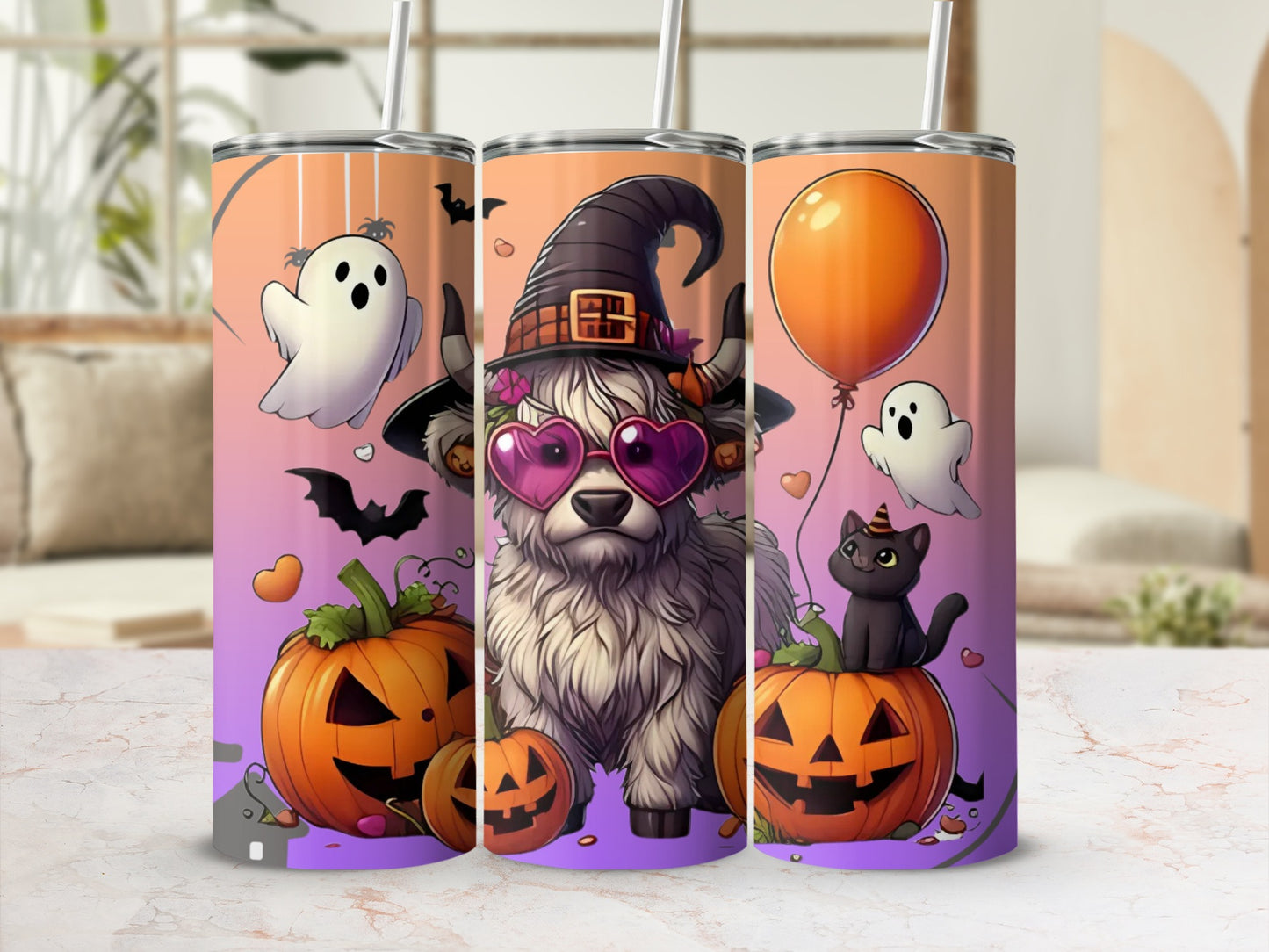Cute Halloween Tumbler with Ghosts and Pumpkins Pattern