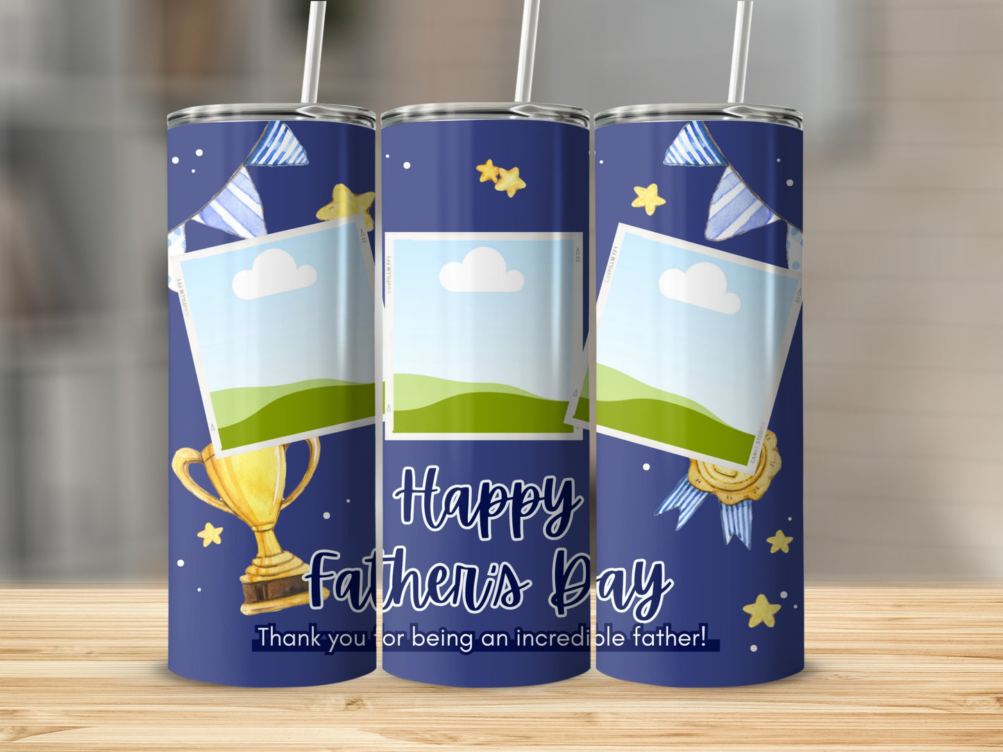 Happy Father's Day tumbler with trophy, medals, and photo placeholders.
