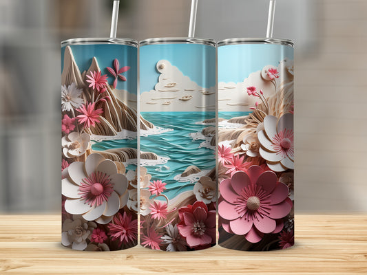 Three tumblers featuring a serene beach scene with floral accents.