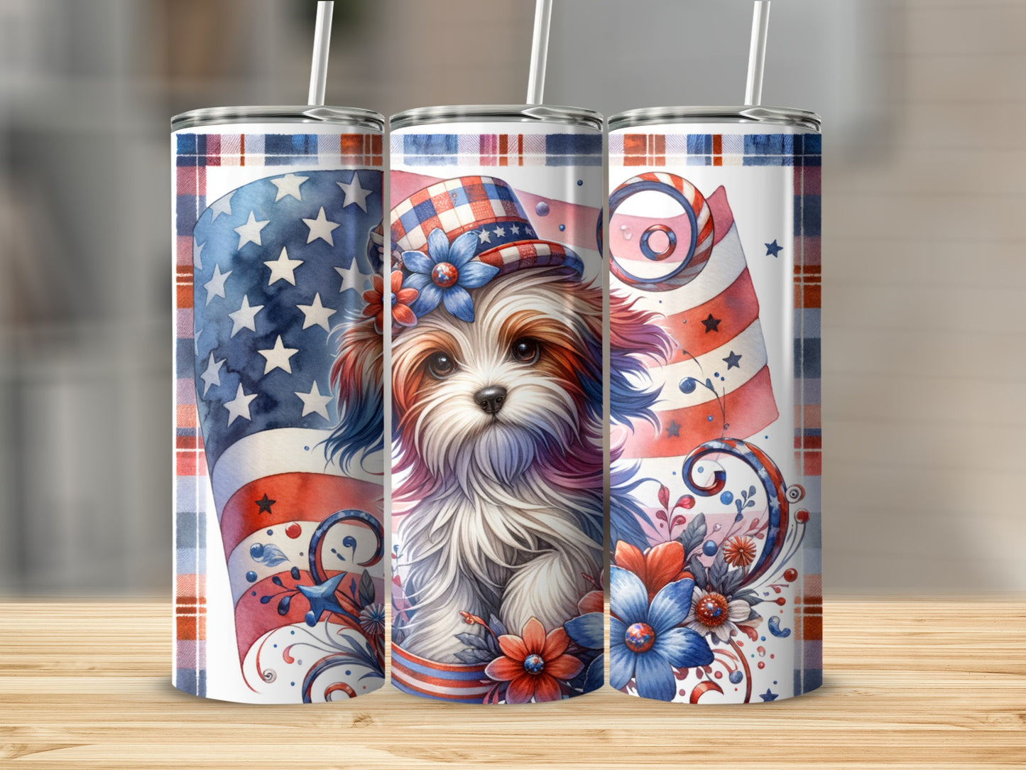 Three patriotic tumblers featuring a fluffy dog wearing a hat with floral accents.