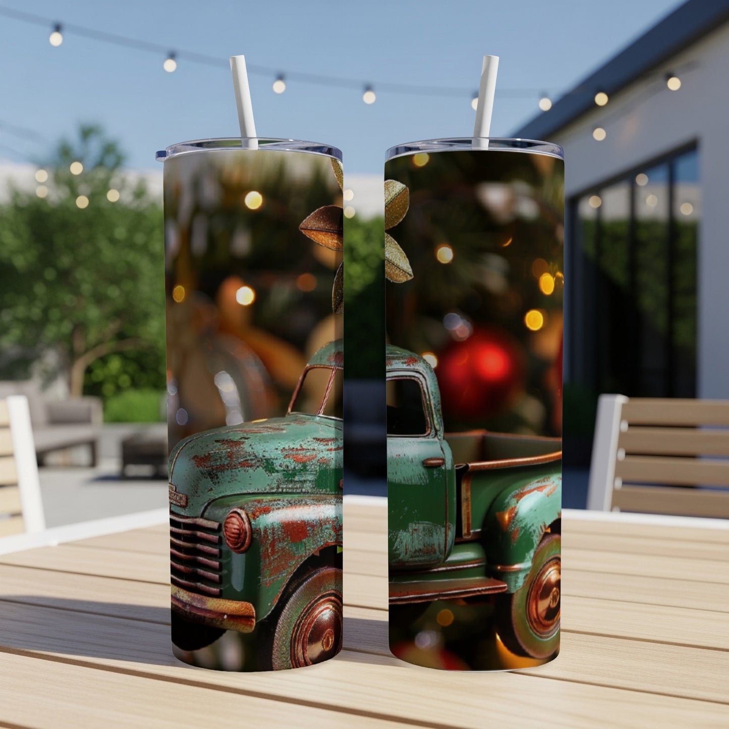 Green vintage truck with holiday decorations on a tumbler.