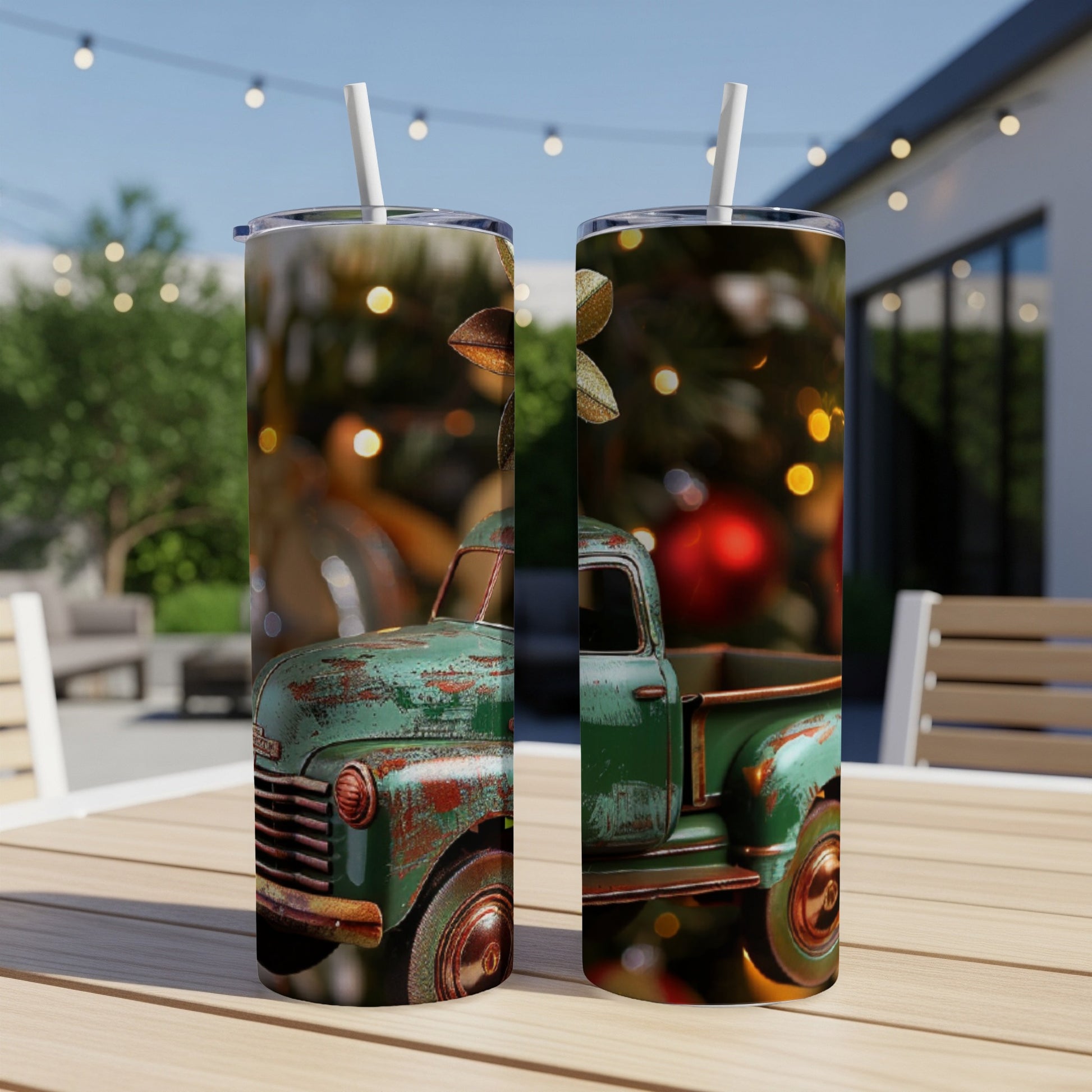 Green vintage truck with holiday decorations on a tumbler.
