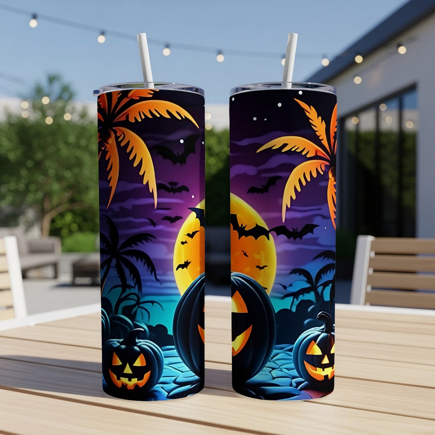 Two Halloween-themed tumblers with pumpkins, bats, palm trees, and a full moon.