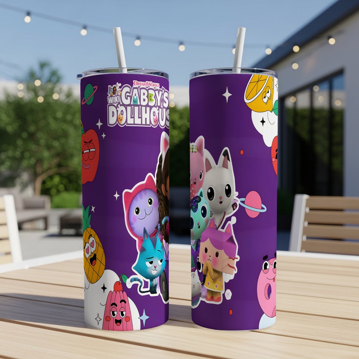 Gabby's Dollhouse tumbler with character art, DreamWorks logo, and pineapple.