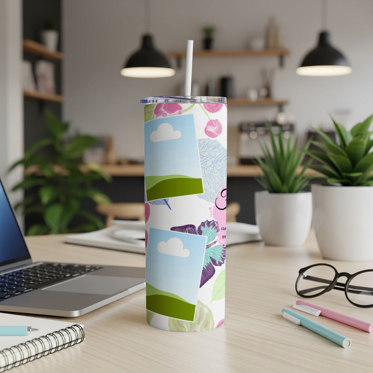 Floral pattern tumbler with collage of sky and landscape photos and text.