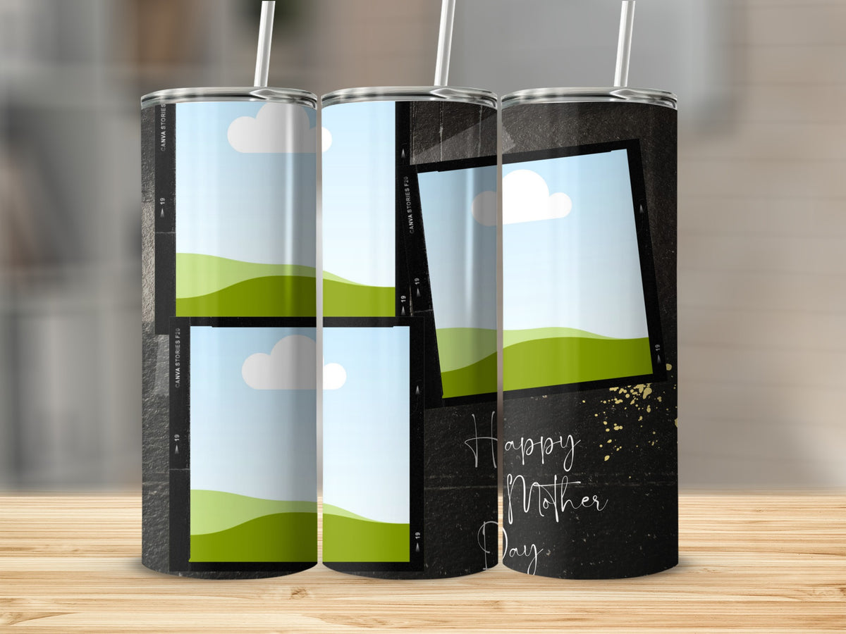 Tumblers with photo frames and "Happy Mother Day" text on a dark speckled background.