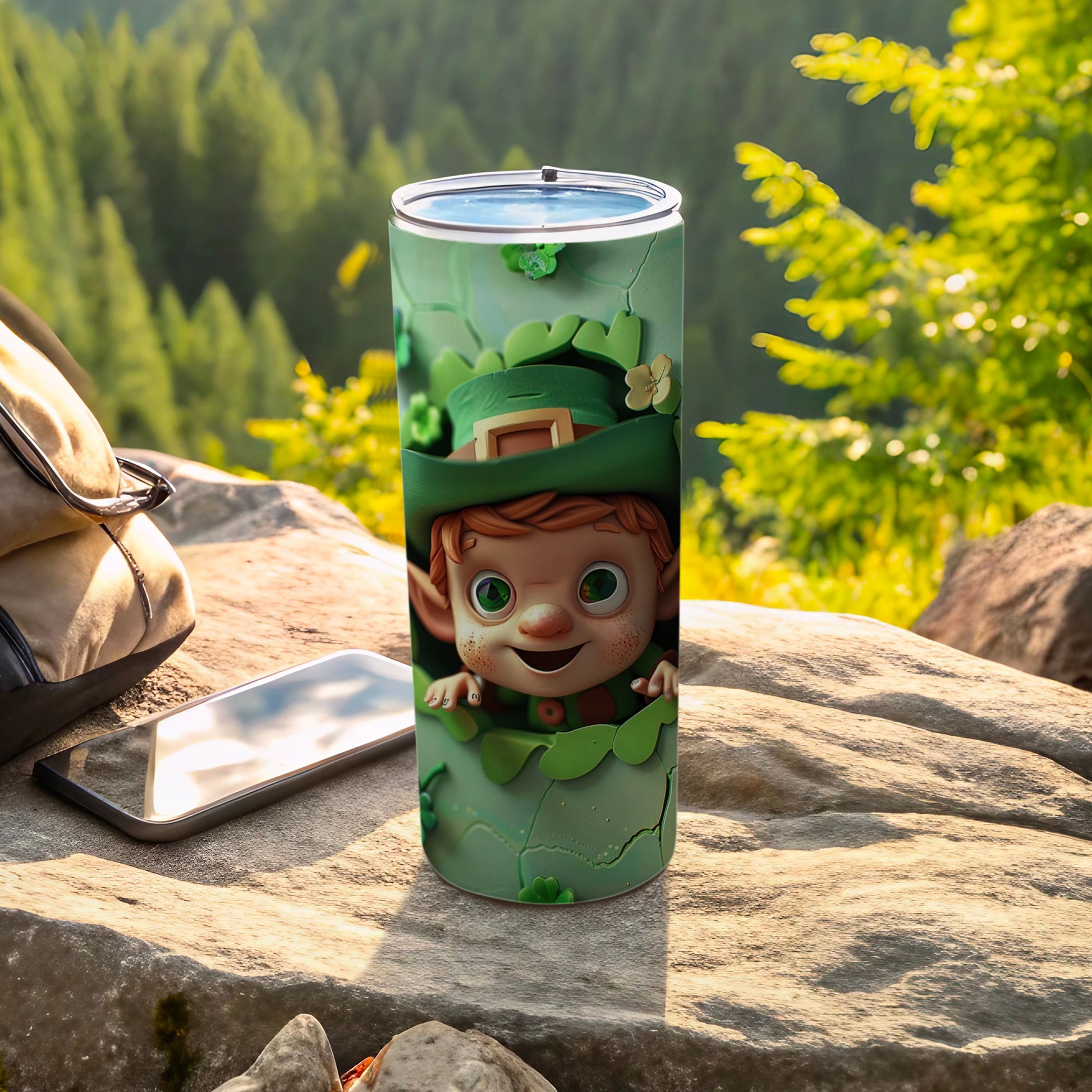 Green tumbler with leprechaun peeking from shamrocks outdoors.