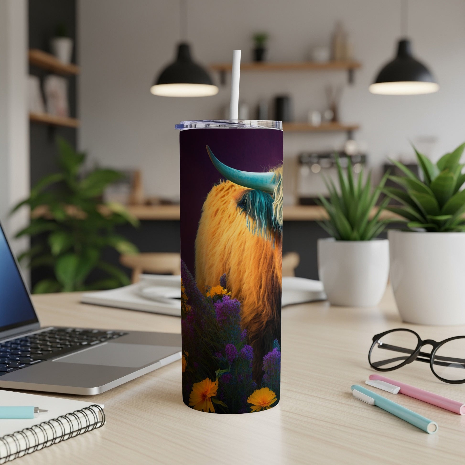 Highland cow with long fur and turquoise horns on a floral background.