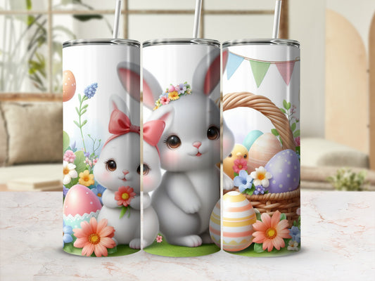 Easter bunnies with colorful eggs and flowers beside a basket.