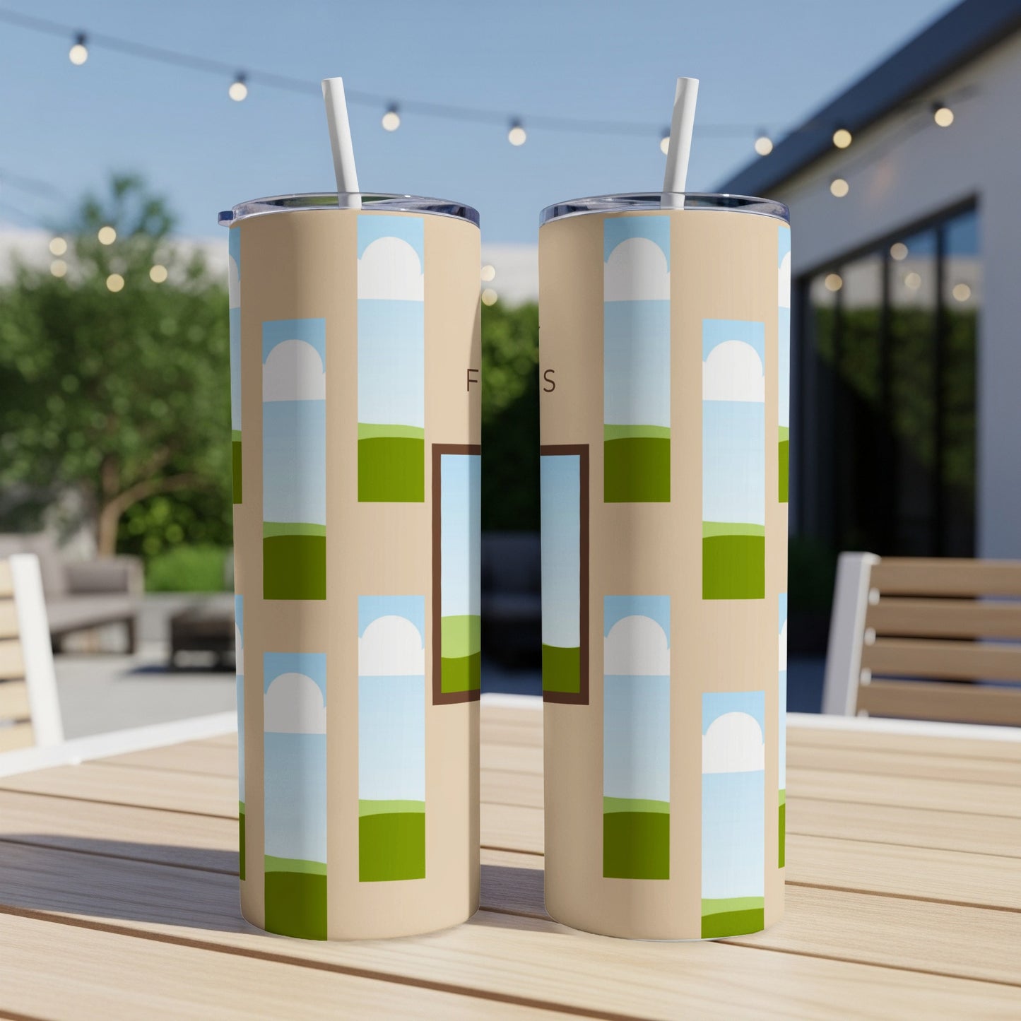 Two tumblers with a beige background and a repeating pattern of arches over green hills.