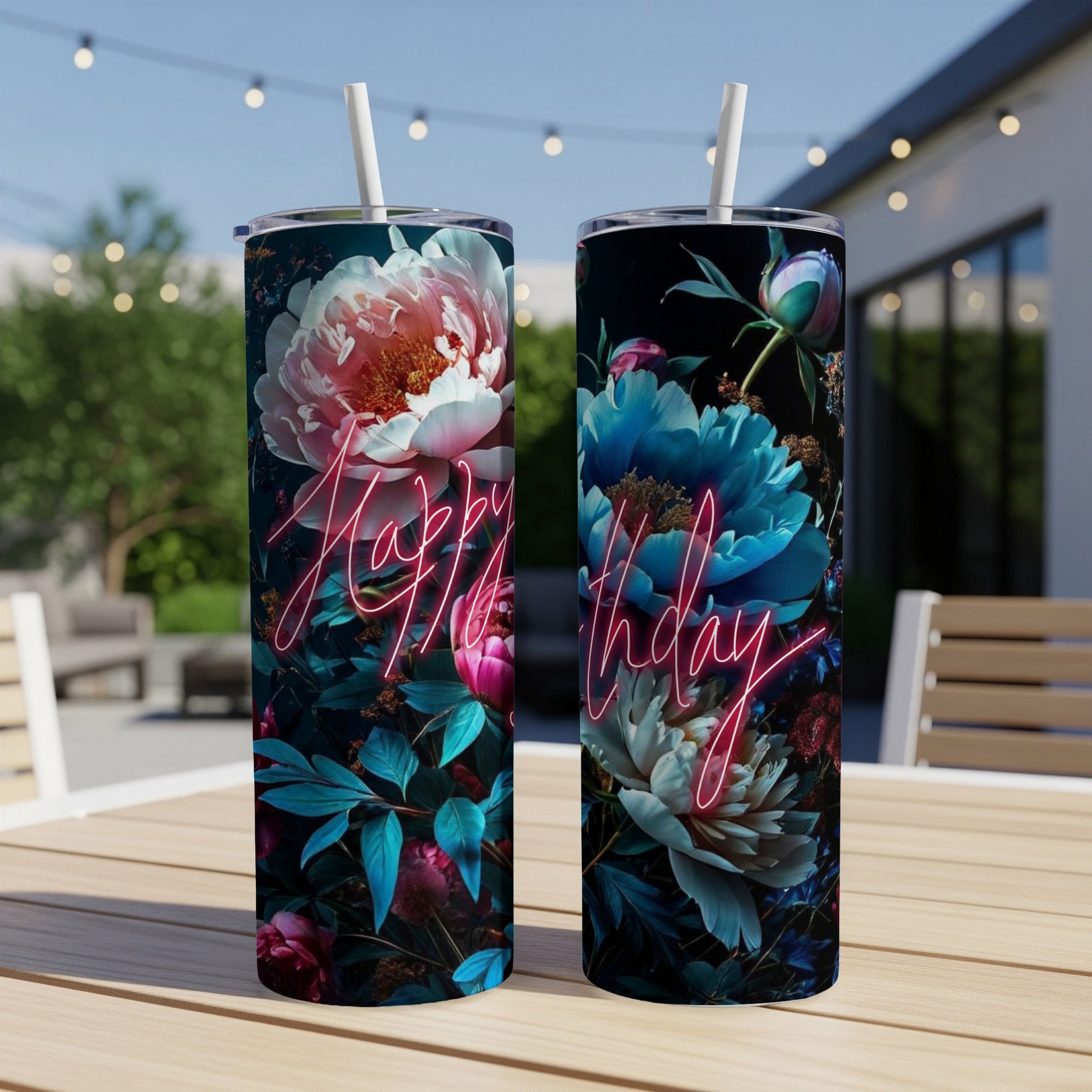 Two tumblers with floral designs and "Happy Birthday" text.