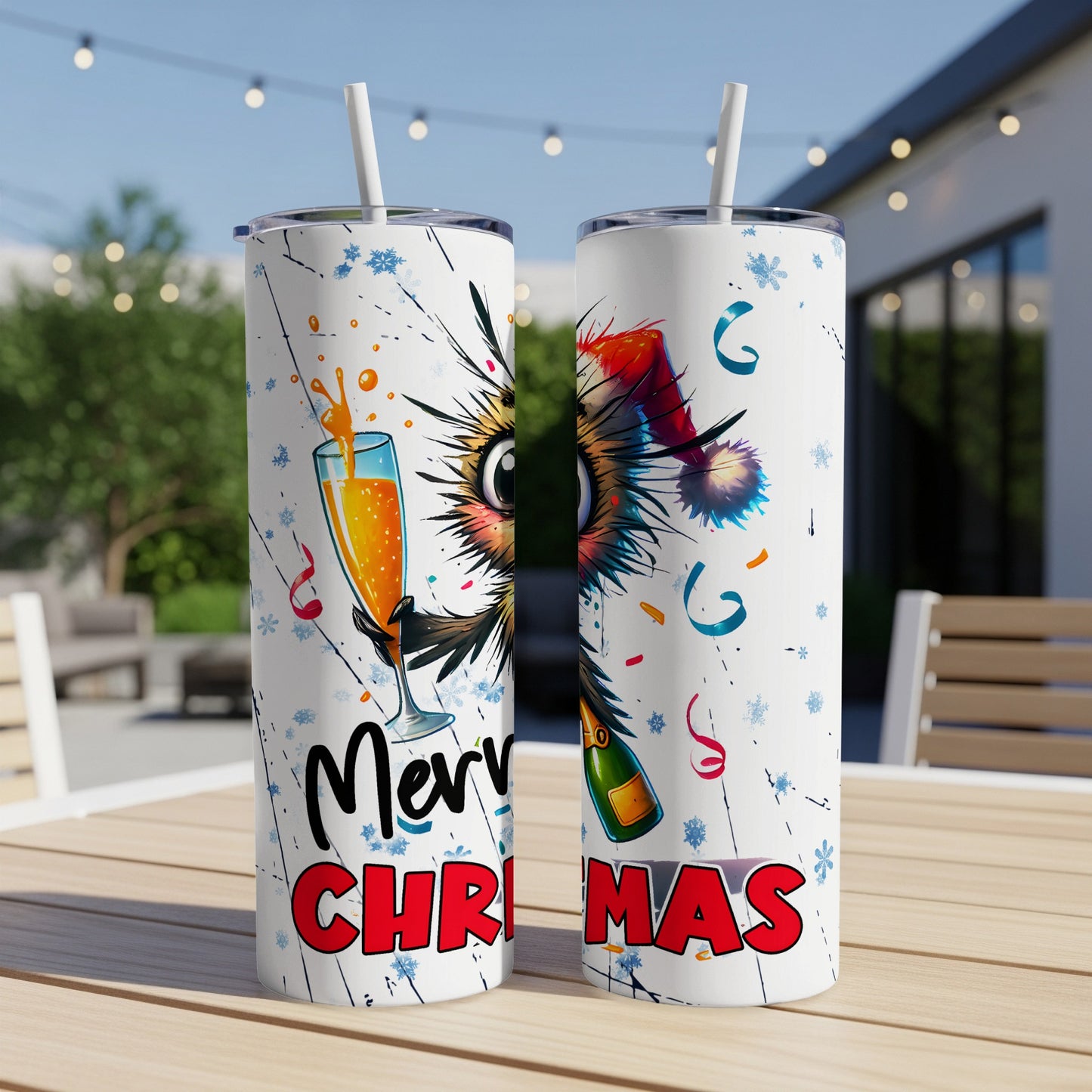 Two tall tumblers with Christmas cat graphic and "Merry Christmas" text.