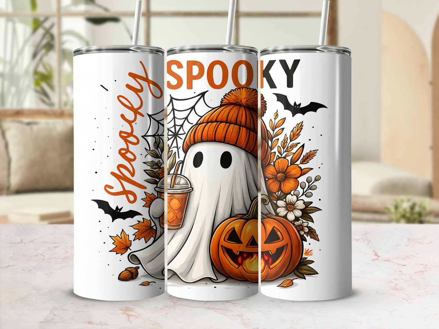 White tumblers with Halloween ghost, pumpkin, and "Spooky" text designs.