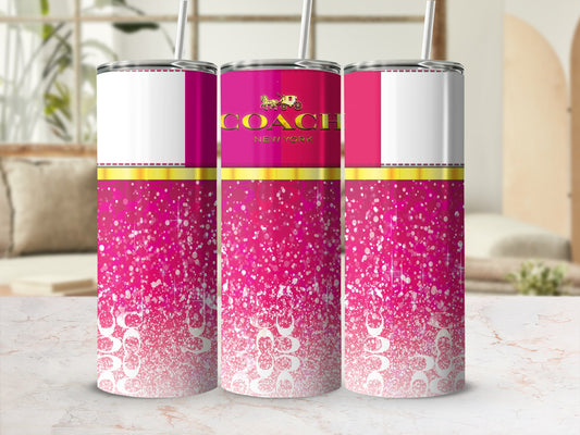 Three Coach tumblers with pink glitter patterns and white top sections.